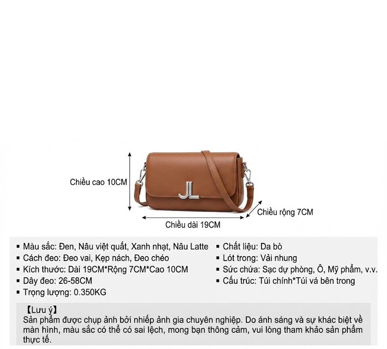 Túi Đeo Vai/Đeo Chéo Nữ Thiết Kế Nhỏ Gọn Bề Mặt Da Mờ Màu Nâu, Đen, Be chi tiết 5