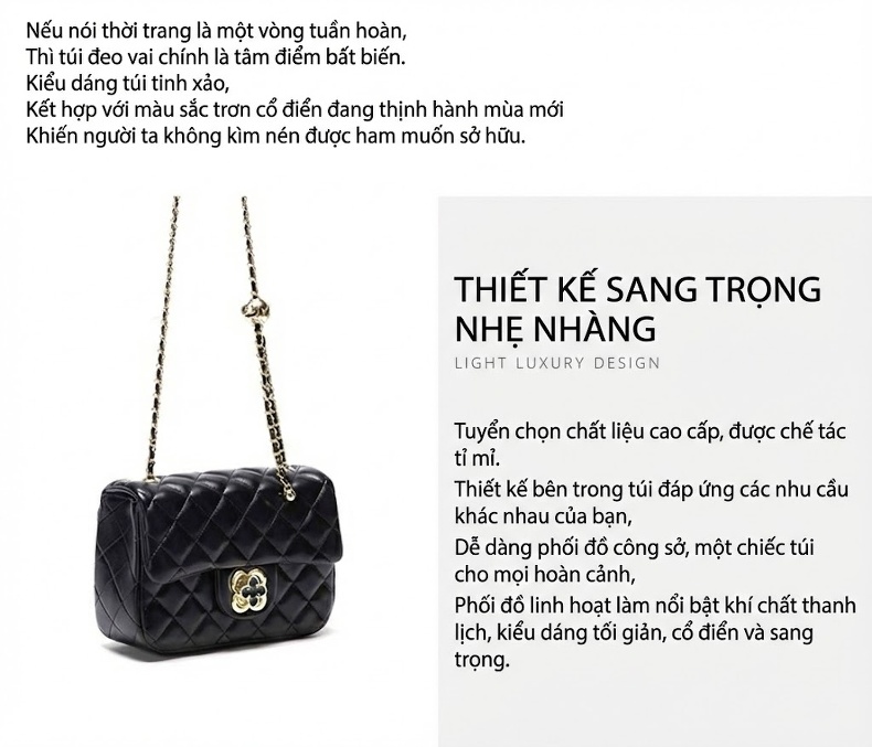 Túi Đeo Vai/Đeo Chéo Nữ Trám Ô Quả Trám, Dây Xích Nhỏ Phong Cách Tiểu Thư Màu Đen, Trắng chi tiết 29