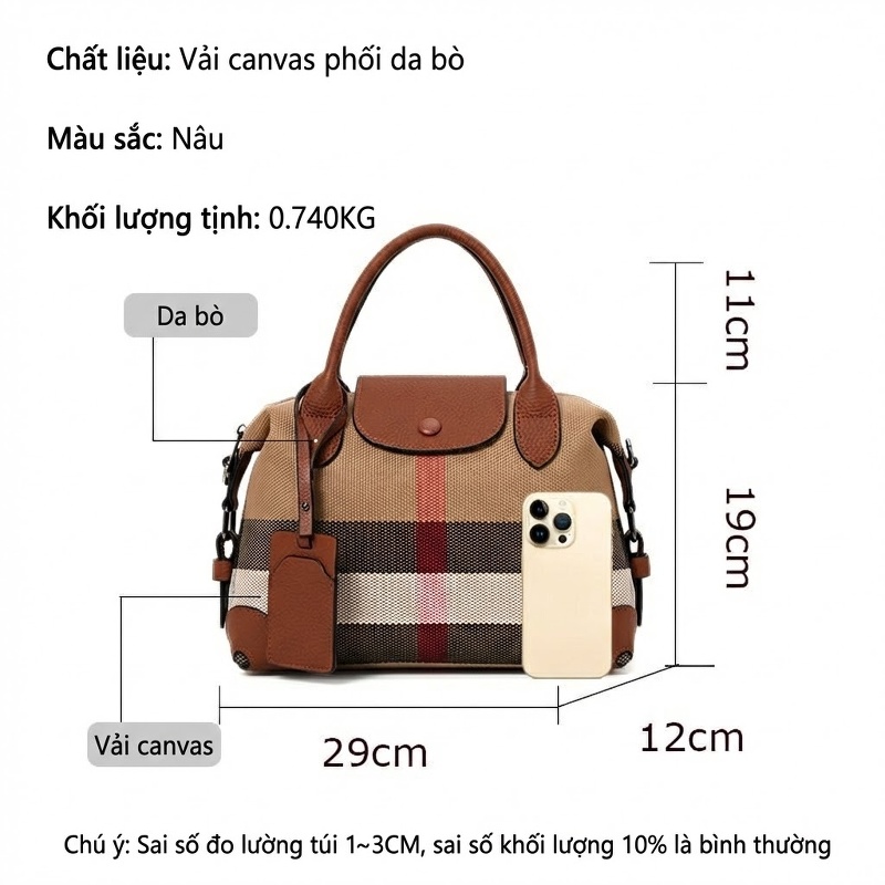 Túi Đeo Vai/Đeo Chéo Nữ Vải Canvas Phối Da Bò Họa Tiết Kẻ Sọc Màu Nâu