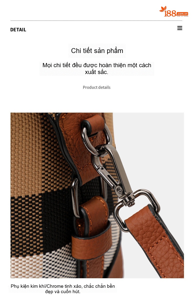 Túi Đeo Vai/Đeo Chéo Nữ Vải Canvas Phối Da Bò Họa Tiết Kẻ Sọc Màu Nâu chi tiết 10