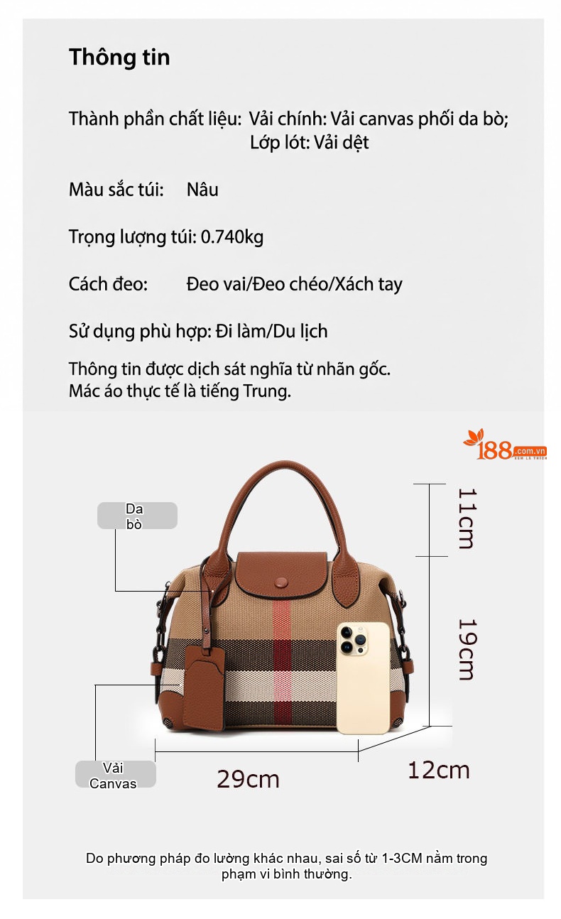 Túi Đeo Vai/Đeo Chéo Nữ Vải Canvas Phối Da Bò Họa Tiết Kẻ Sọc Màu Nâu chi tiết 3