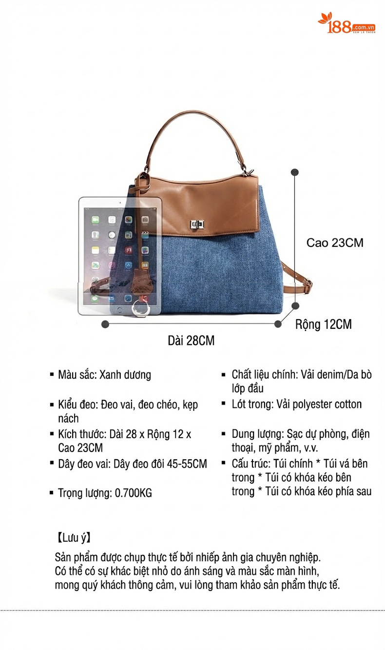 Túi Đeo Vai/Đeo Chéo/Xách Tay/Đeo Sau Lưng Vải Canvas Phong Cách Thời Trang Đựng Được Nhiều Đồ Màu Xanh Dương, Nâu chi tiết 5