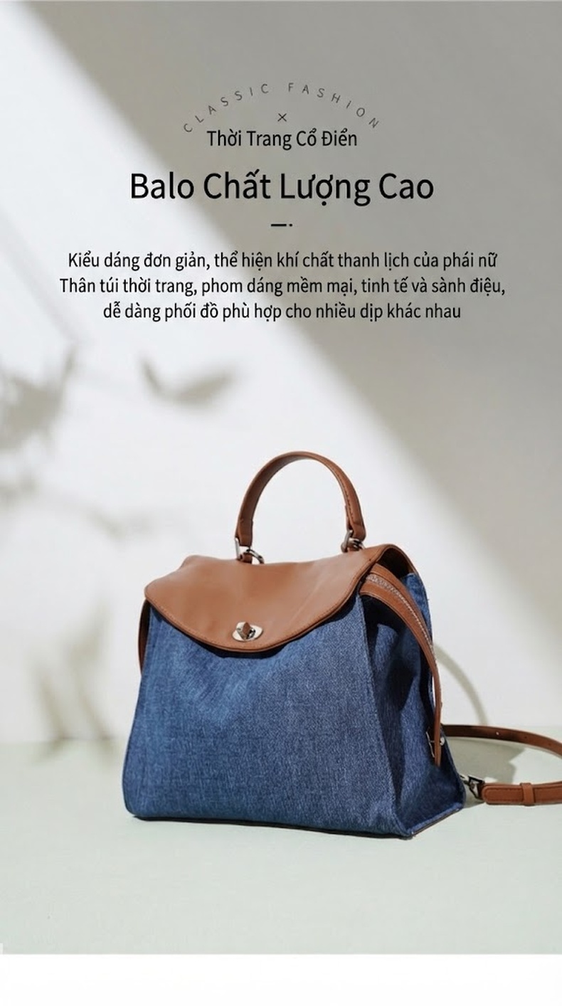 Túi Đeo Vai/Đeo Chéo/Xách Tay/Đeo Sau Lưng Vải Canvas Phong Cách Thời Trang Đựng Được Nhiều Đồ Màu Xanh Dương, Nâu chi tiết 1