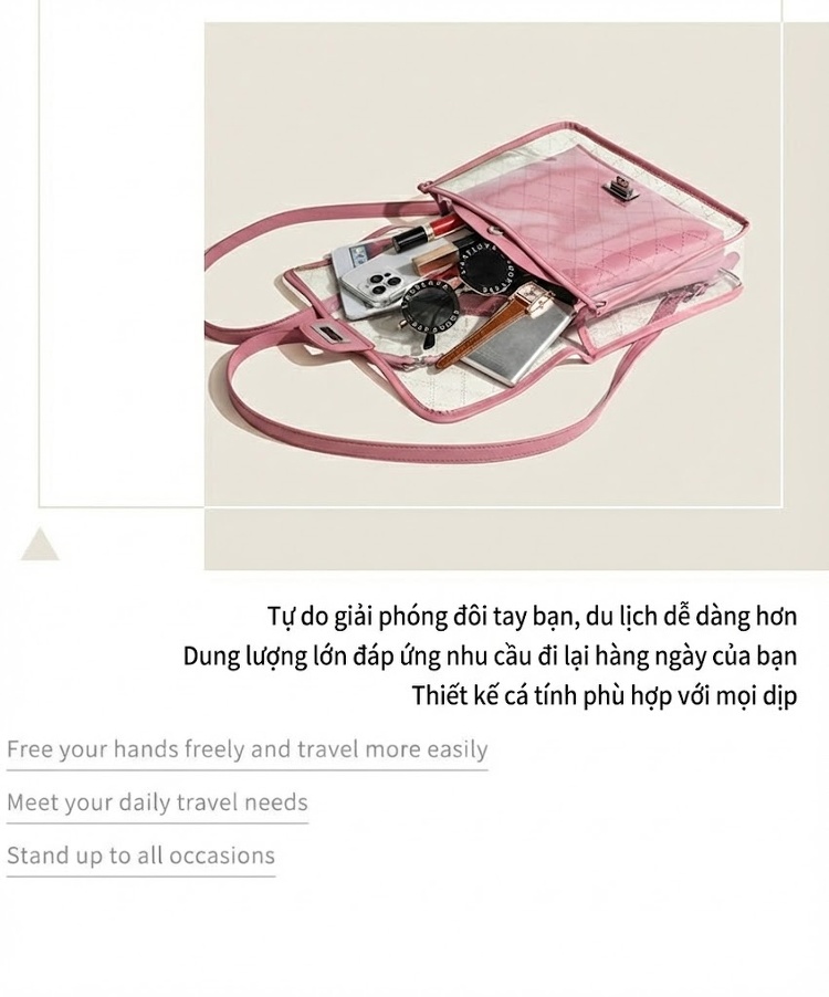 Túi Đeo Vai/Đeo Chéo/Xách Tay Nữ Hình Thoi May Chần Bông Trong Suốt Size Lớn Màu Hồng, Đen, Trắng chi tiết 4