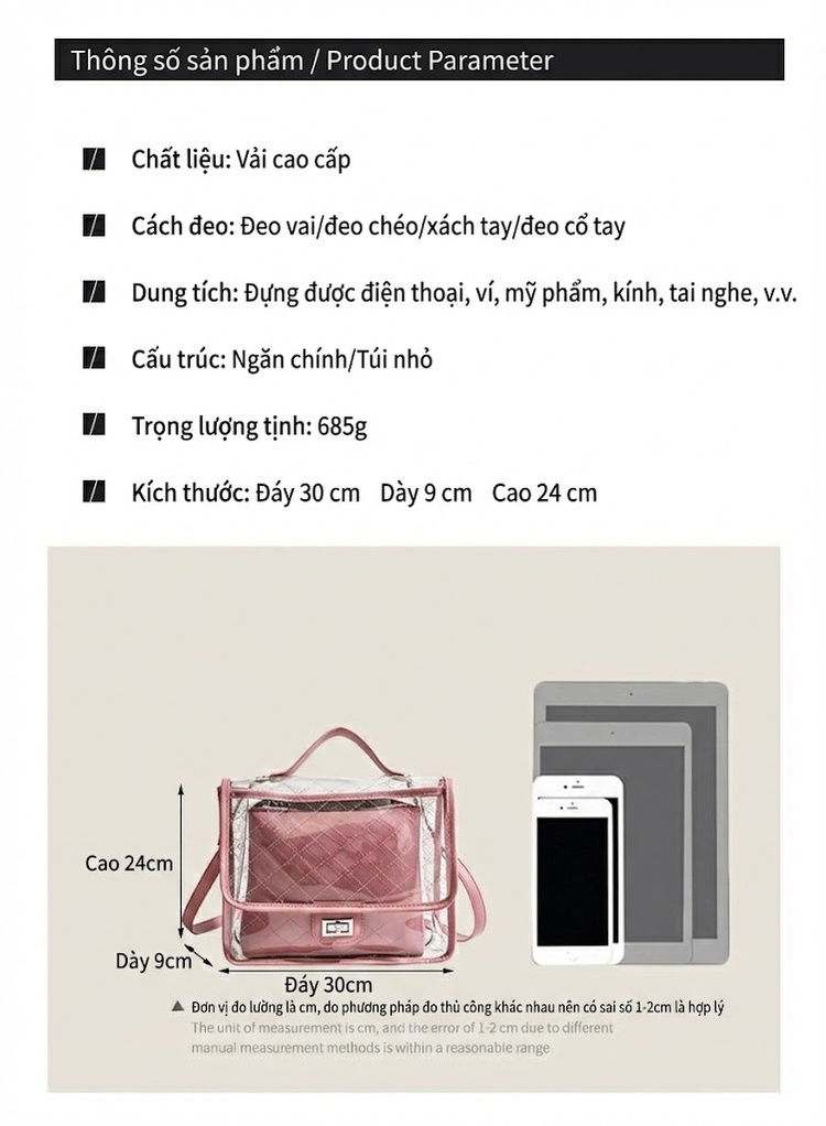 Túi Đeo Vai/Đeo Chéo/Xách Tay Nữ Hình Thoi May Chần Bông Trong Suốt Size Lớn Màu Hồng, Đen, Trắng chi tiết 2