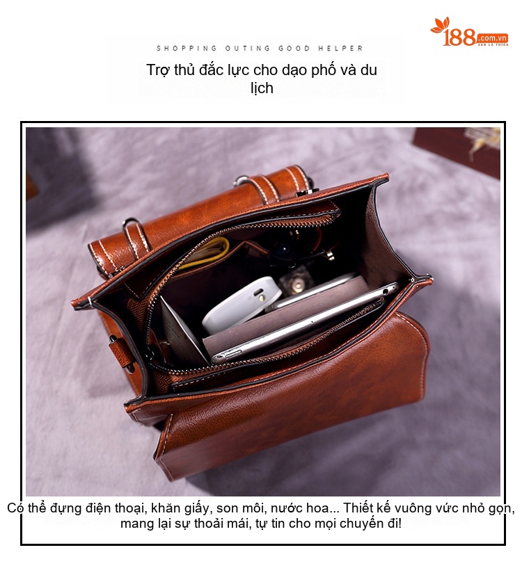 Túi Đeo Vai/Đeo Chéo/Xách Tay Nữ Phong Cách Retro Da Bóng Sức Chứa Lớn Màu Nâu chi tiết 7