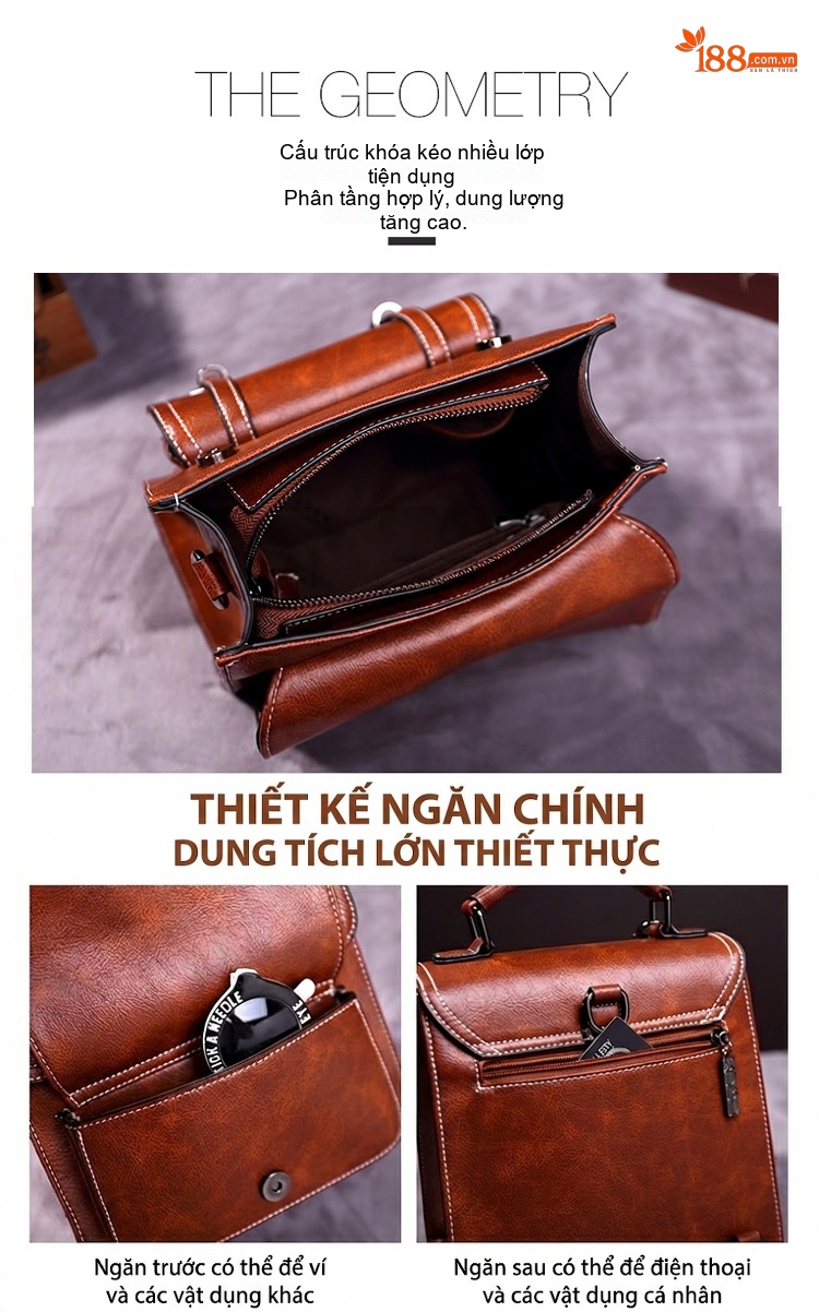 Túi Đeo Vai/Đeo Chéo/Xách Tay Nữ Phong Cách Retro Da Bóng Sức Chứa Lớn Màu Nâu chi tiết 6