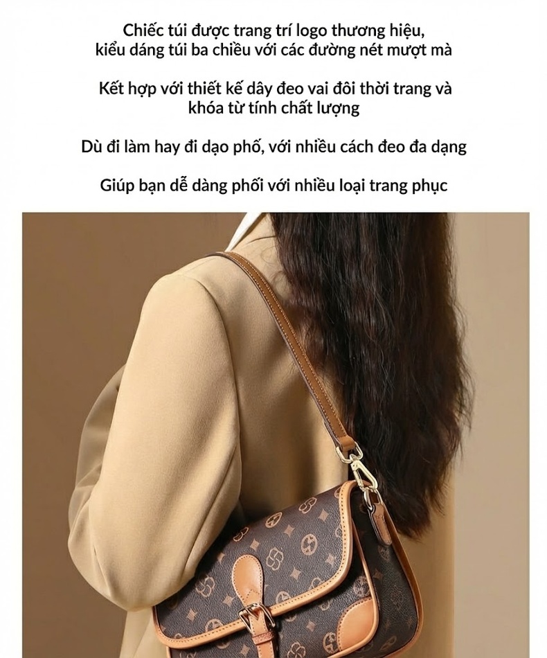 Túi Đeo Vai In Họa Tiết Dáng Kẹp Nách Túi Đeo Chéo Nữ Da Bóng Phong Cách Công Sở Màu Nâu chi tiết 3