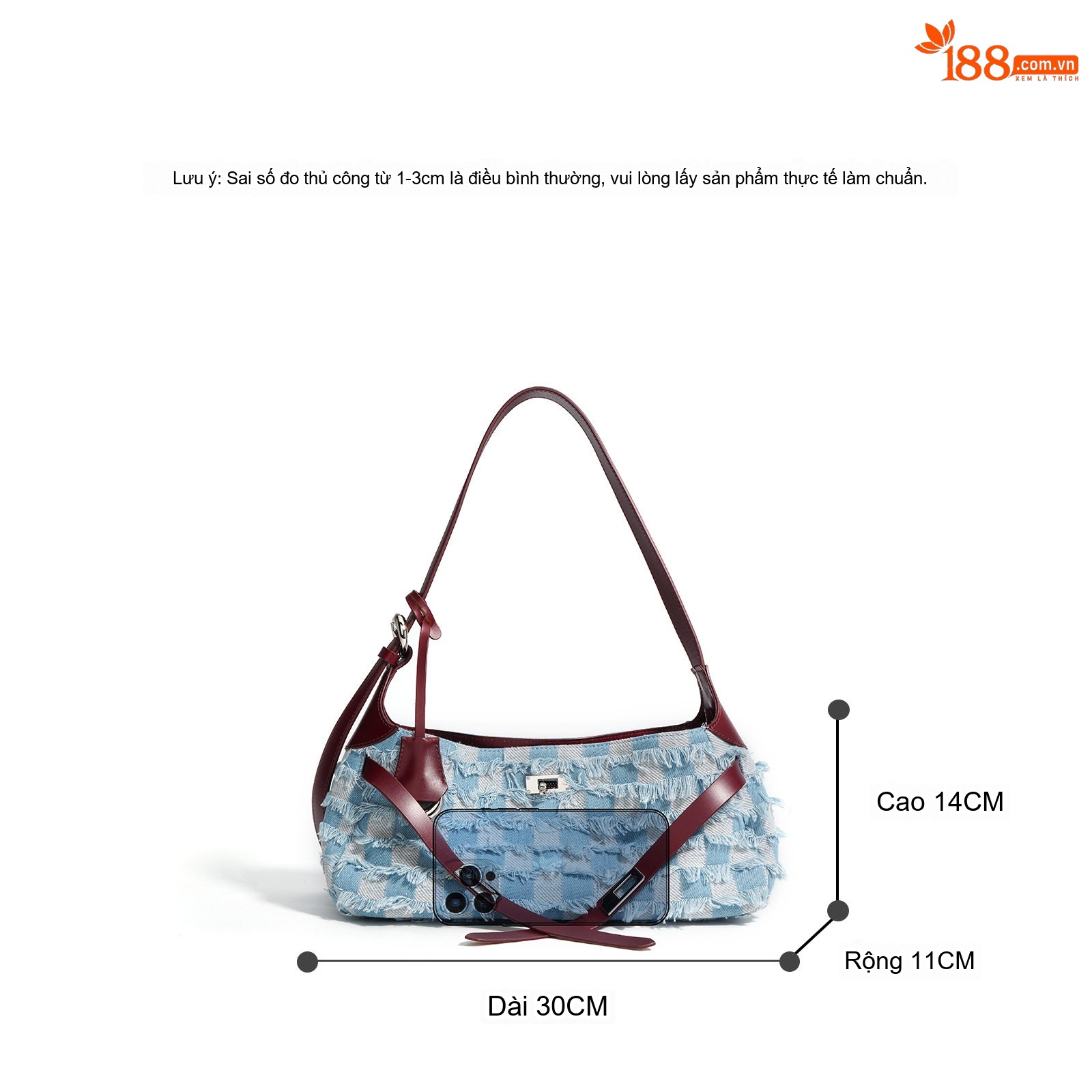Túi Đeo Vai/Kẹp Nách Nữ Da Bò Phối Vải Denim, Tote Lớn Đựng Vừa A4 Màu Xanh Dương, Đỏ