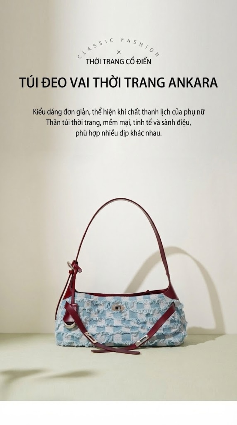 Túi Đeo Vai/Kẹp Nách Nữ Da Bò Phối Vải Denim, Tote Lớn Đựng Vừa A4 Màu Xanh Dương, Đỏ chi tiết 1