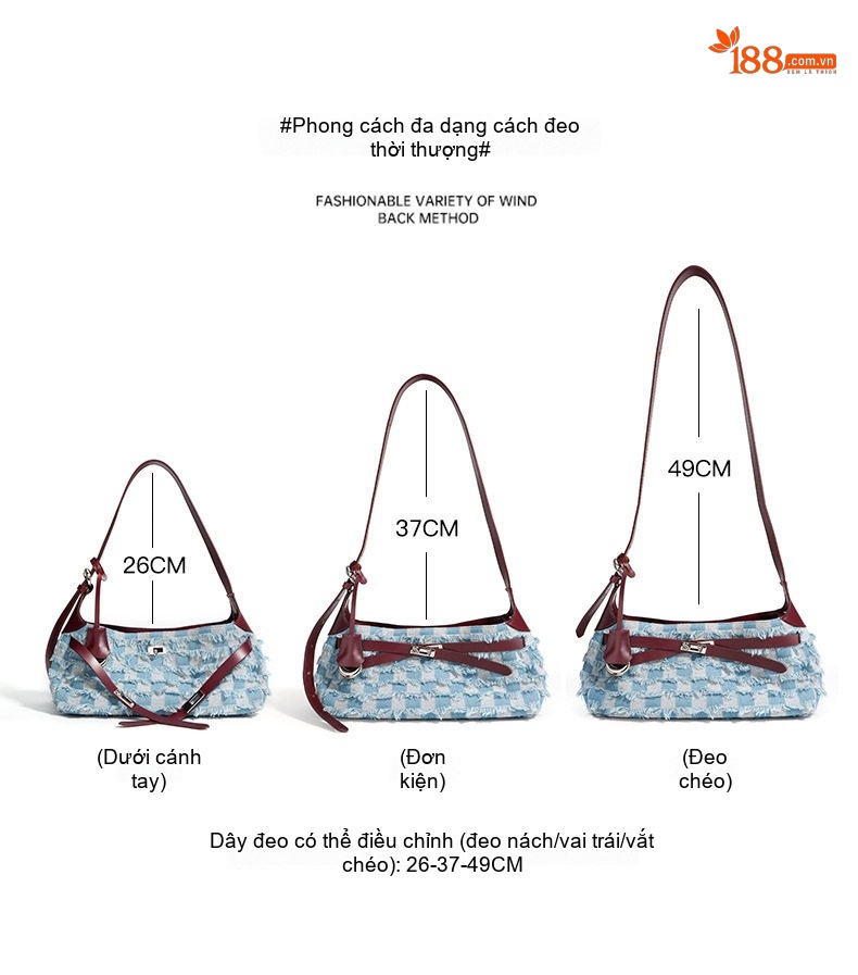Túi Đeo Vai/Kẹp Nách Nữ Da Bò Phối Vải Denim, Tote Lớn Đựng Vừa A4 Màu Xanh Dương, Đỏ chi tiết 7