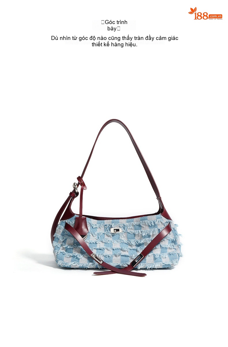 Túi Đeo Vai/Kẹp Nách Nữ Da Bò Phối Vải Denim, Tote Lớn Đựng Vừa A4 Màu Xanh Dương, Đỏ chi tiết 11