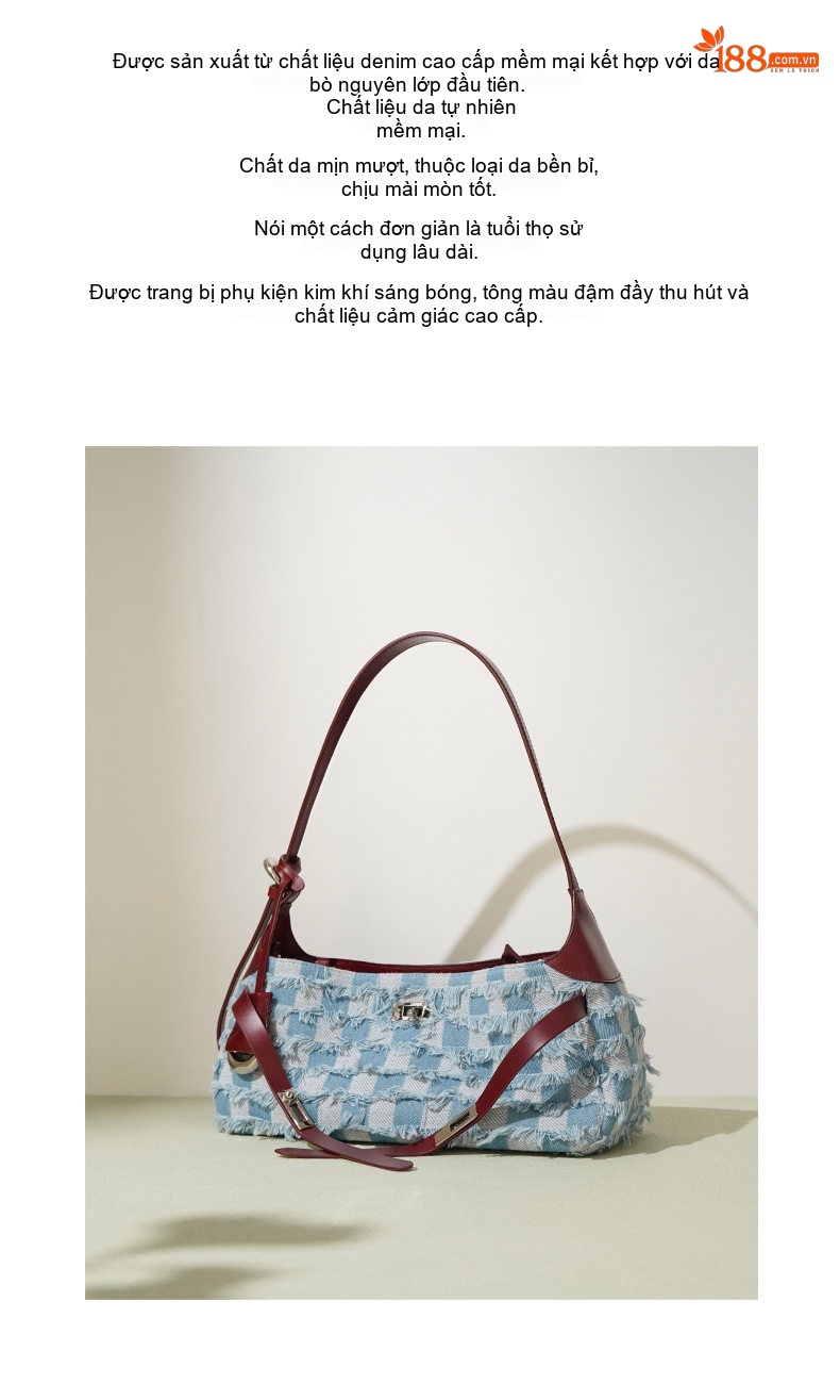 Túi Đeo Vai/Kẹp Nách Nữ Da Bò Phối Vải Denim, Tote Lớn Đựng Vừa A4 Màu Xanh Dương, Đỏ chi tiết 2