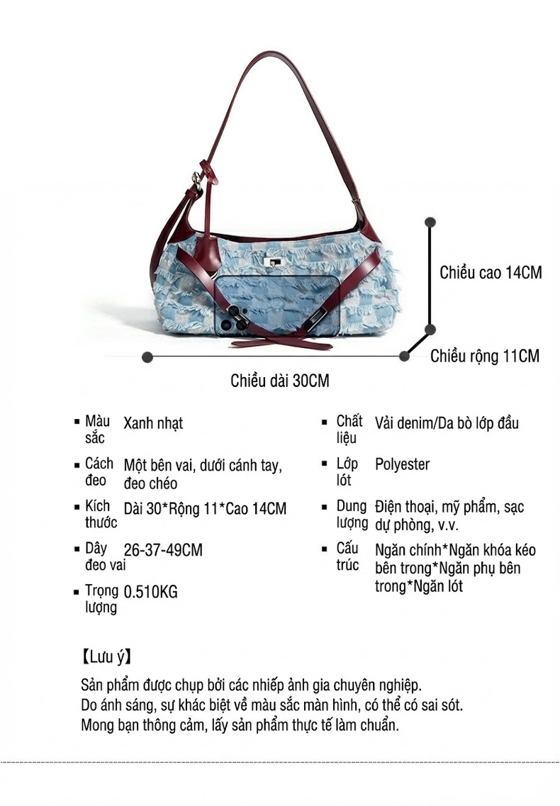 Túi Đeo Vai/Kẹp Nách Nữ Da Bò Phối Vải Denim, Tote Lớn Đựng Vừa A4 Màu Xanh Dương, Đỏ chi tiết 5