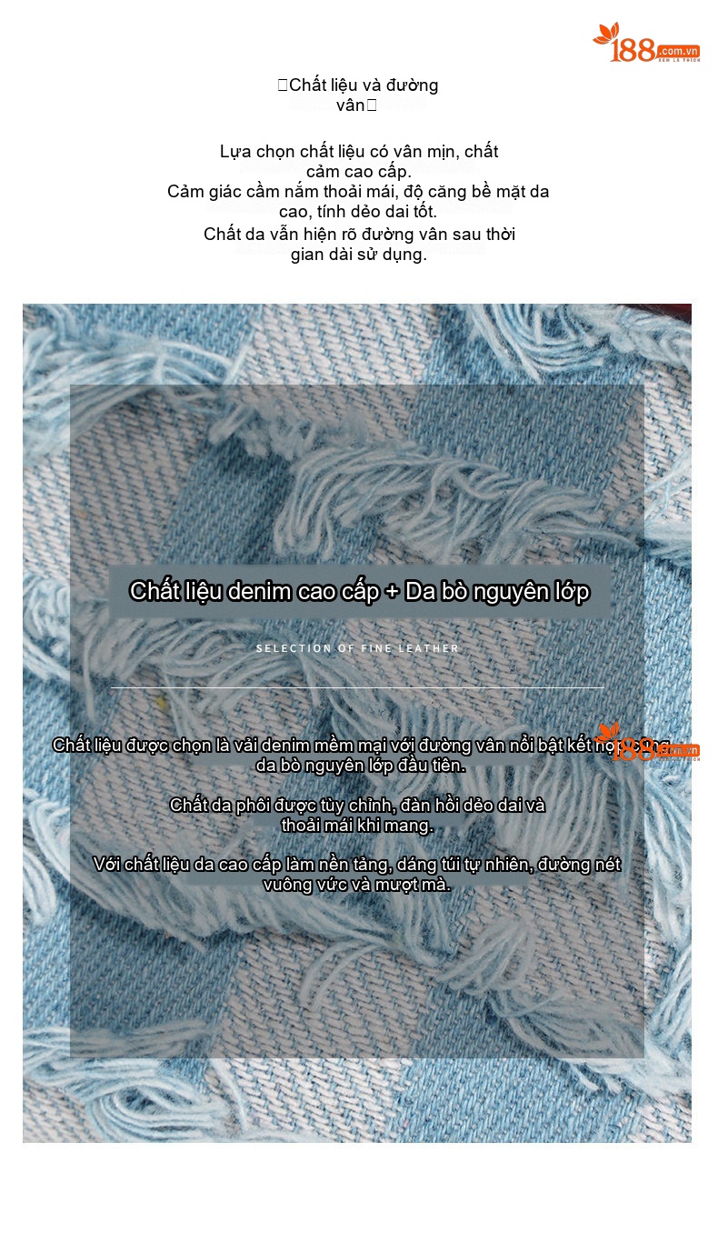 Túi Đeo Vai/Kẹp Nách Nữ Da Bò Phối Vải Denim, Tote Lớn Đựng Vừa A4 Màu Xanh Dương, Đỏ chi tiết 8