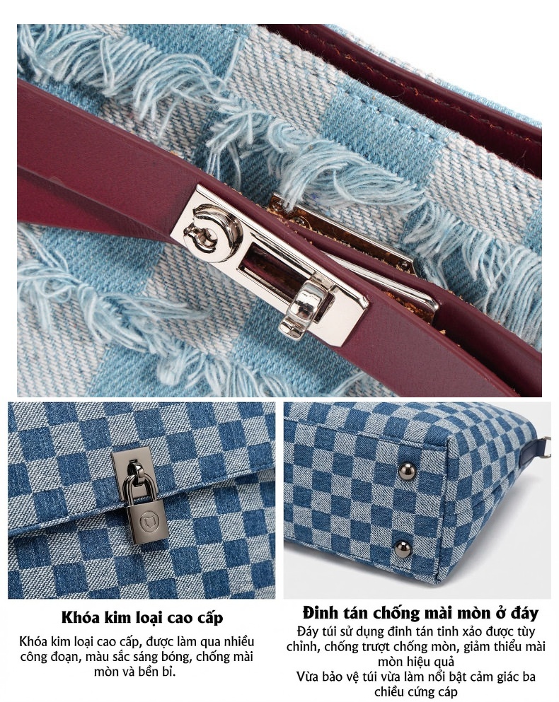 Túi Đeo Vai/Kẹp Nách Nữ Da Bò Phối Vải Denim, Tote Lớn Đựng Vừa A4 Màu Xanh Dương, Đỏ chi tiết 10