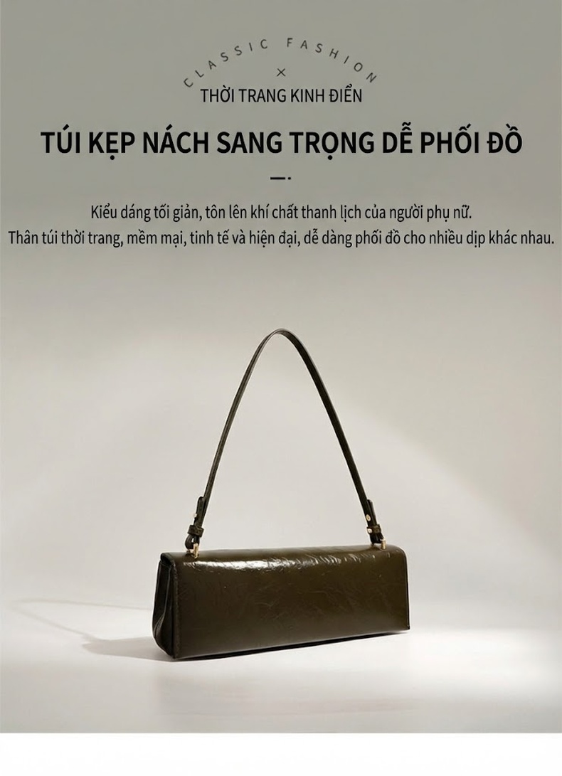 Túi Đeo Vai/Kẹp Nách Nữ Da Bò Vân Mềm Mại Cao Cấp Màu Nâu Đậm chi tiết 2