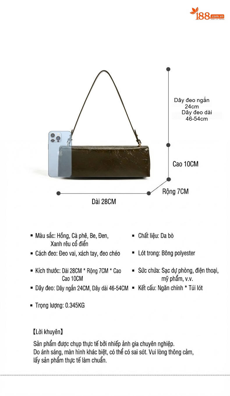 Túi Đeo Vai/Kẹp Nách Nữ Da Bò Vân Mềm Mại Cao Cấp Màu Nâu Đậm chi tiết 5