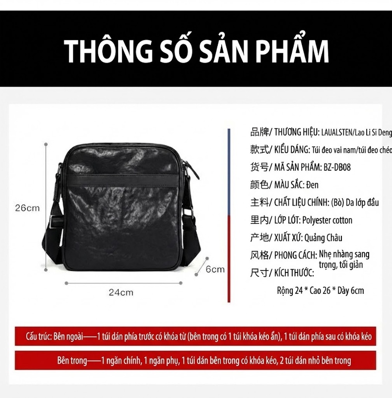 Túi Đeo Vai Nam Da Bò Cao Cấp, Túi Đeo Chéo, Túi Xách Tay Công Sở Phong Cách Thời Trang - Màu Đen chi tiết 9