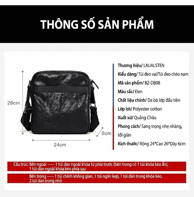 Túi Đeo Vai Nam Da Bò Cao Cấp, Túi Đeo Chéo, Túi Xách Tay Công Sở Phong Cách Thời Trang - Màu Đen chi tiết 23