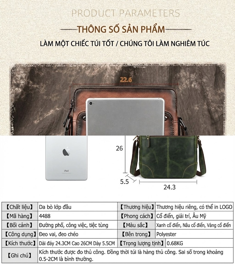 Túi Đeo Vai Nam Da Bò Dáng Đứng Túi Đựng Ipad Màu Nâu, Xanh Dương chi tiết 3