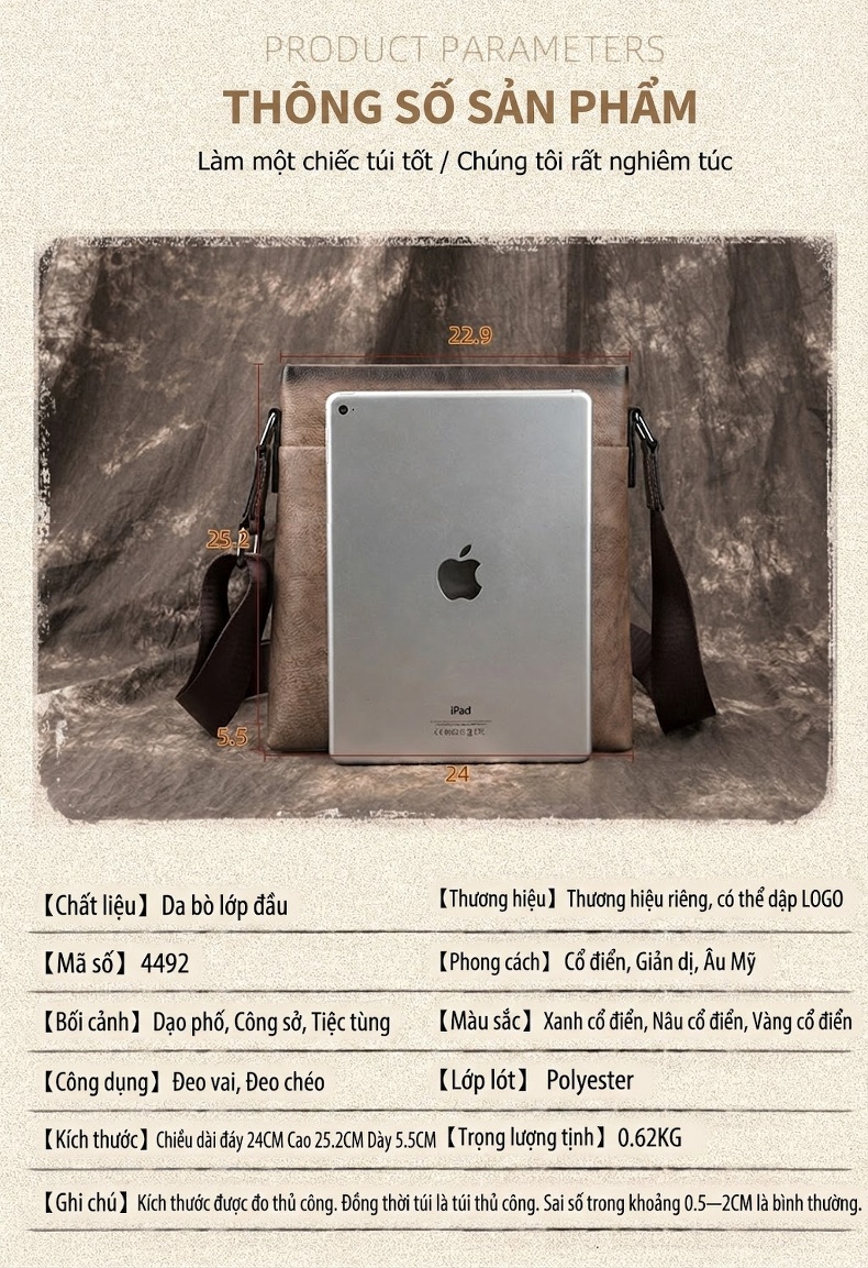 Túi Đeo Vai Nam Da Bò Dáng Messenger Vintage Công Sở Màu Nâu, Xanh Dương chi tiết 3