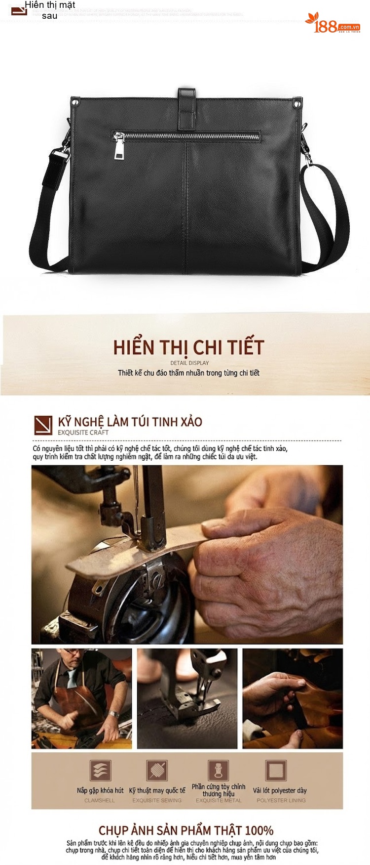Túi Đeo Vai Nam Da Bò Dáng Ngang Công Sở Đeo Chéo Màu Đen chi tiết 6