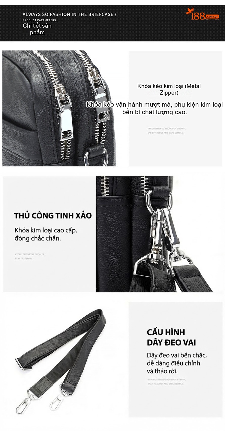 Túi Đeo Vai Nam Da Bò Dáng Nhỏ Gọn Tiện Lợi Màu Đen chi tiết 8