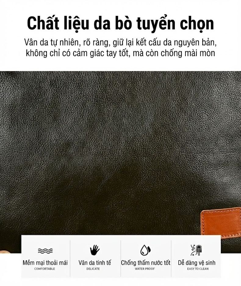 Túi Đeo Vai Nam Da Bò Dung Tích Lớn Hình Vuông Ngang Đeo Chéo Thường Ngày Đựng Laptop Màu Xanh Olive chi tiết 28