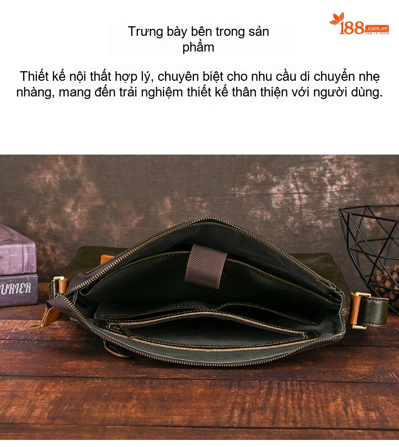 Túi Đeo Vai Nam Da Bò Dung Tích Lớn Hình Vuông Ngang Đeo Chéo Thường Ngày Đựng Laptop Màu Xanh Olive chi tiết 35