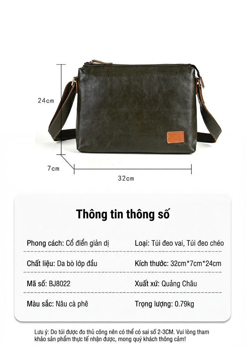 Túi Đeo Vai Nam Da Bò Dung Tích Lớn Hình Vuông Ngang Đeo Chéo Thường Ngày Đựng Laptop Màu Xanh Olive chi tiết 27