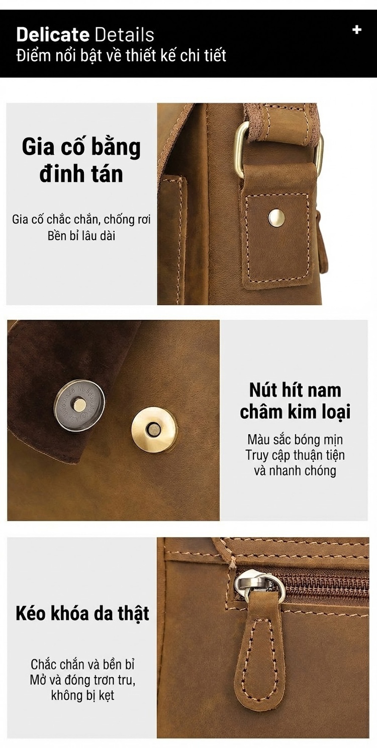 Túi Đeo Vai Nam Da Bò Lớp Đầu Phong Cách Retro Màu Nâu chi tiết 5