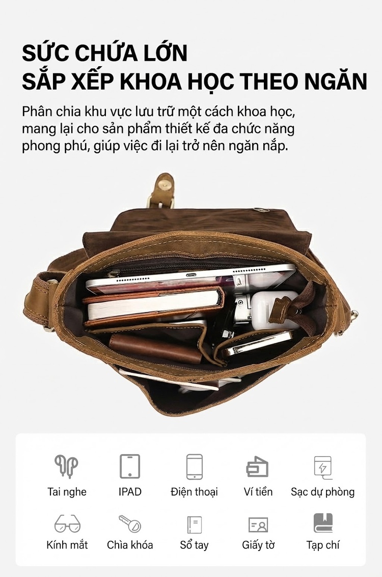 Túi Đeo Vai Nam Da Bò Lớp Đầu Phong Cách Retro Màu Nâu chi tiết 8