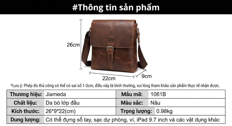Túi Đeo Vai Nam Da Bò Lớp Đầu Phong Cách Retro Màu Nâu chi tiết 1