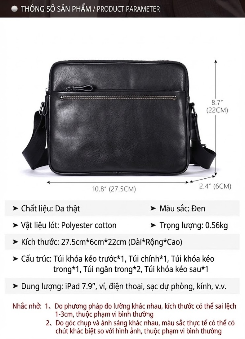 Túi Đeo Vai Nam Da Bò Ngăn Ipad Mềm Mại Phong Cách Doanh Nhân Màu Đen chi tiết 1