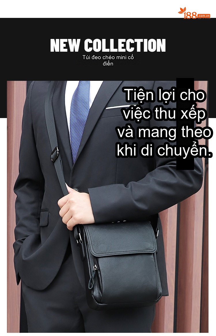 Túi Đeo Vai Nam Da Bò Thật Kiểu Hàn Quốc Đơn Giản Màu Đen chi tiết 2