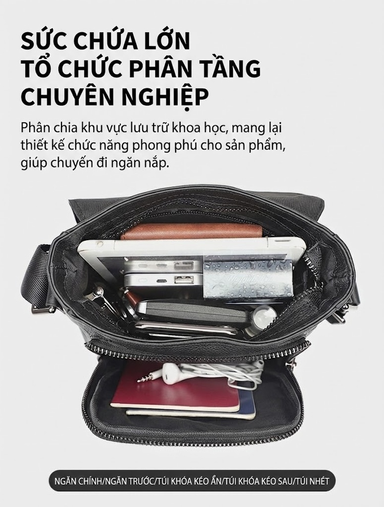 Túi Đeo Vai Nam Da Bò Thật Kiểu Hàn Quốc Đơn Giản Màu Đen chi tiết 8