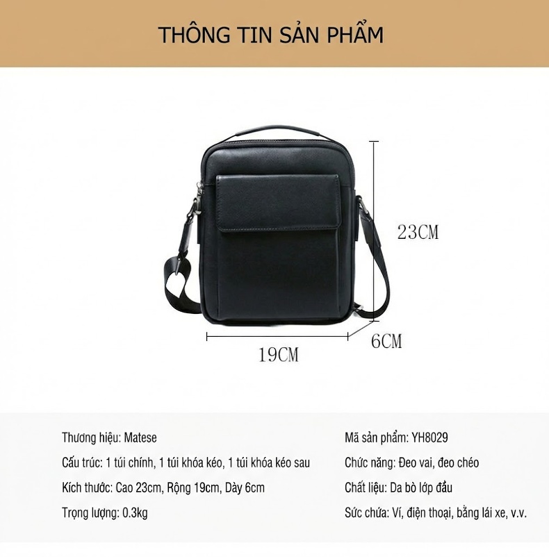 Túi Đeo Vai Nam Da Bò Thời Trang Đơn Giản Màu Đen chi tiết 9