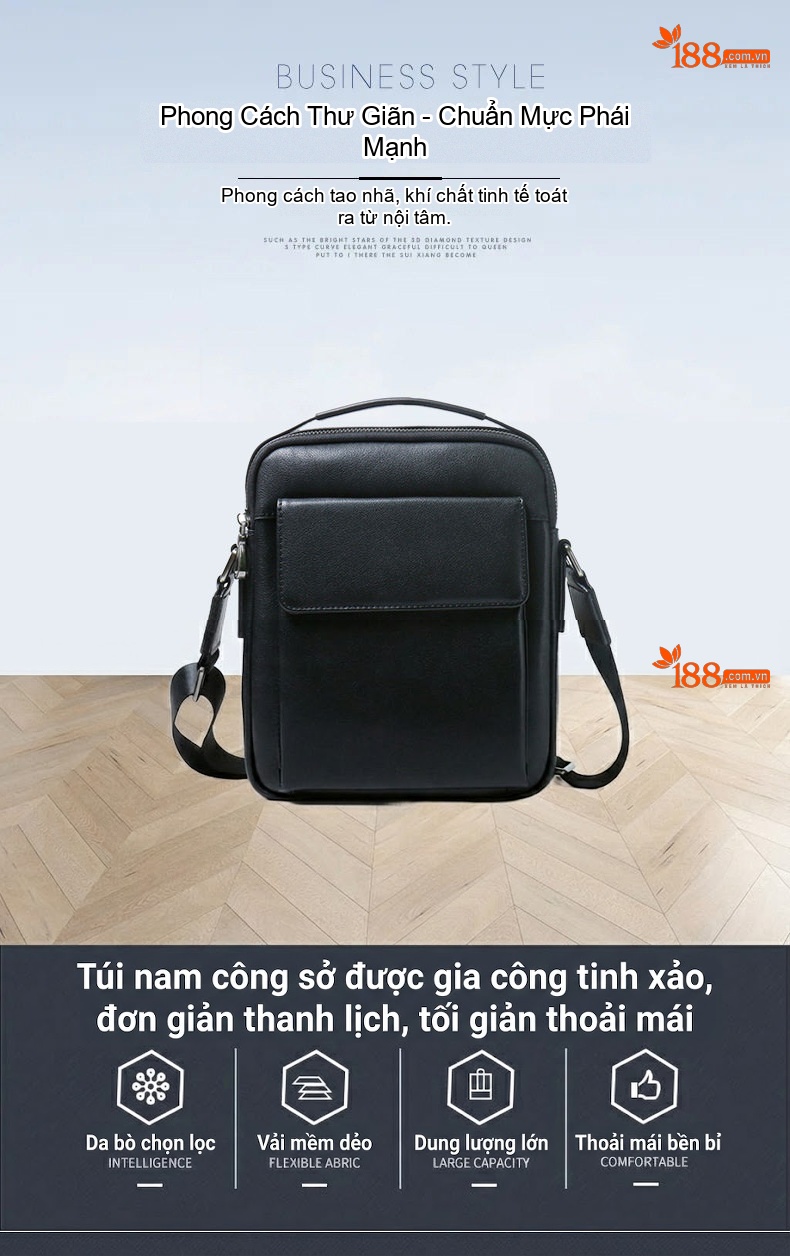 Túi Đeo Vai Nam Da Bò Thời Trang Đơn Giản Màu Đen chi tiết 1