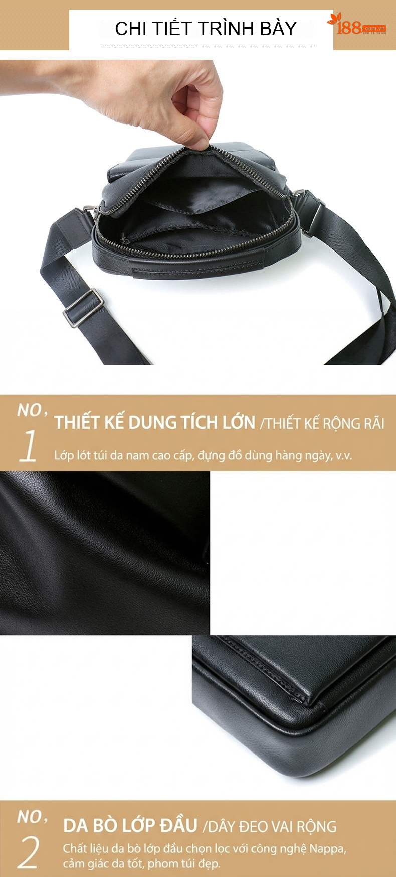 Túi Đeo Vai Nam Da Bò Thời Trang Đơn Giản Màu Đen chi tiết 14