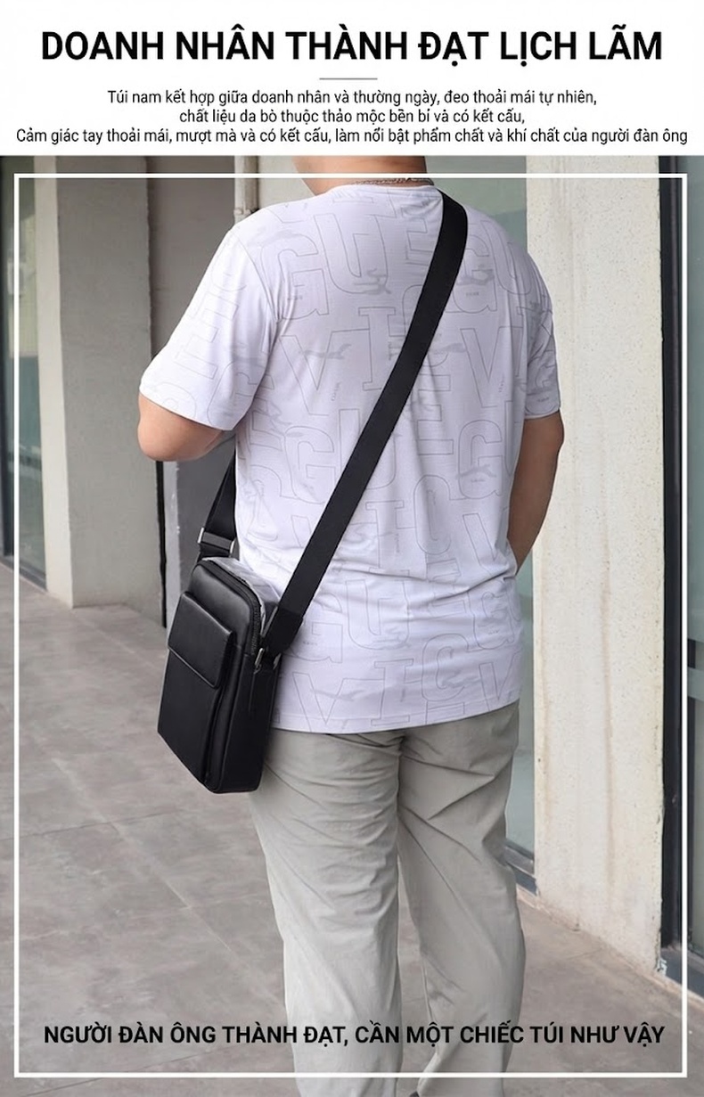 Túi Đeo Vai Nam Da Bò Thời Trang Đơn Giản Màu Đen chi tiết 5