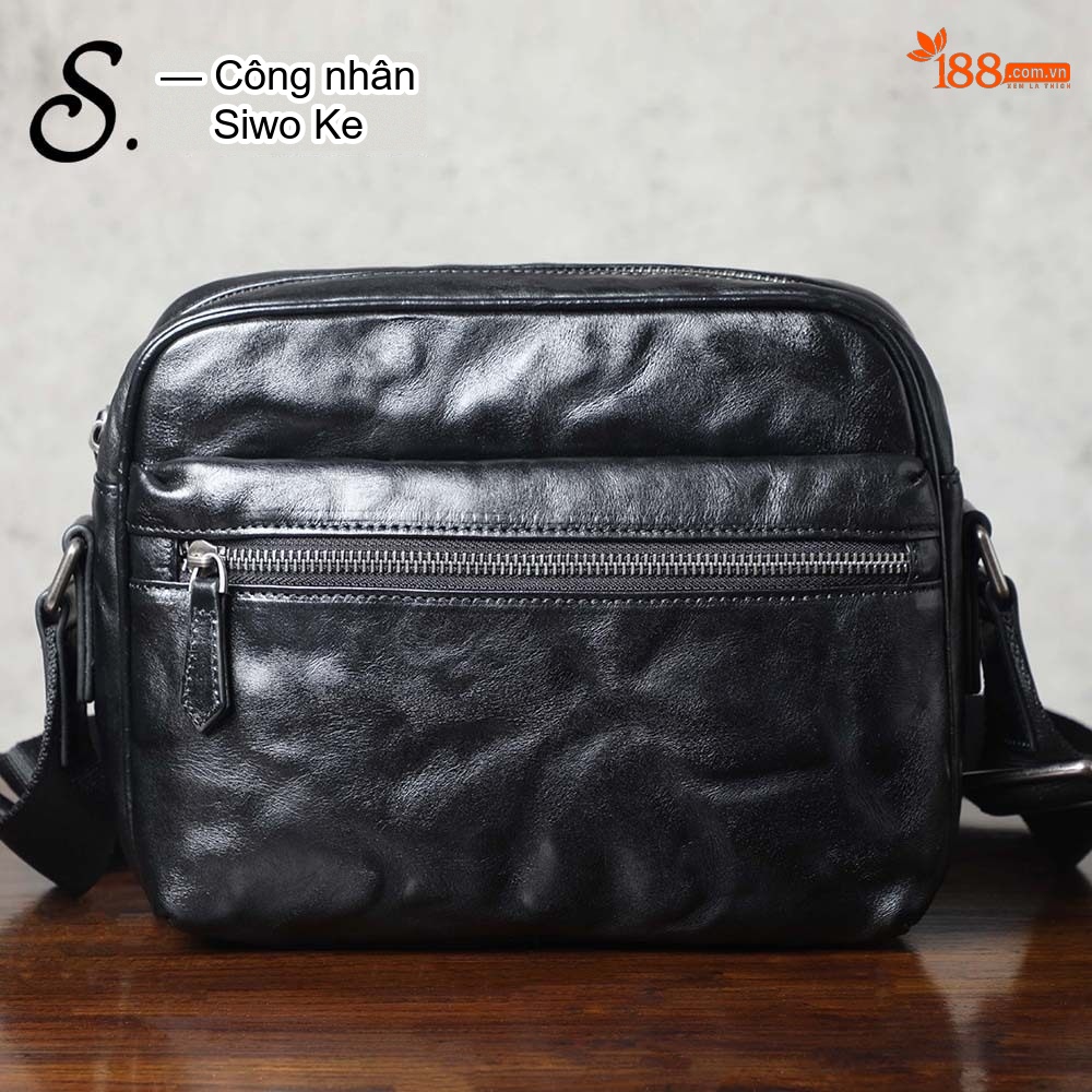Túi Đeo Vai Nam Da Bò Thủ Công Cầm Tay Khóa Kéo Phong Cách Retro Màu Đen