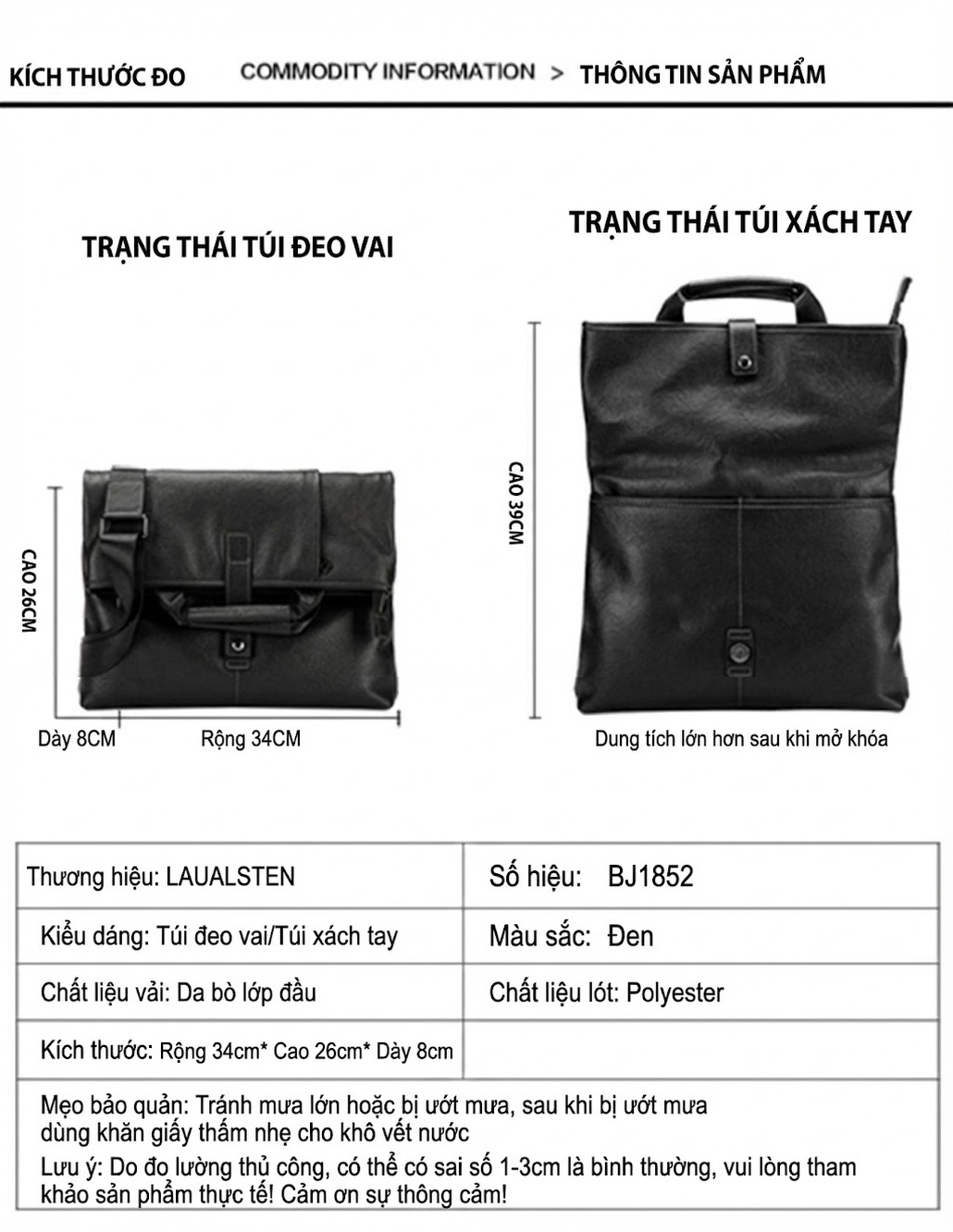 Túi Đeo Vai Nam Da Bò, Túi Đeo Chéo Nam Da Bò Phong Cách Doanh Nhân Màu Đen chi tiết 12