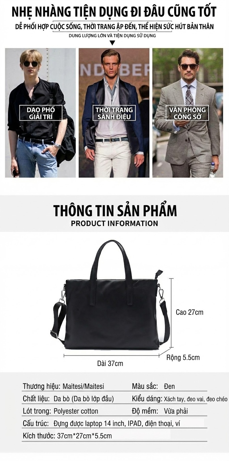 Túi Đeo Vai Nam Da Bò, Túi Xách Công Sở Đựng Tài Liệu, Túi Da Bò Mềm, Túi Đeo Chéo, Túi Xách Tay Màu Đen chi tiết 4