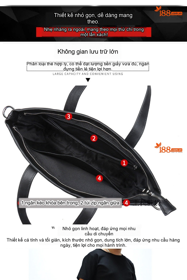 Túi Đeo Vai Nam Da Bò, Túi Xách Công Sở Đựng Tài Liệu, Túi Da Bò Mềm, Túi Đeo Chéo, Túi Xách Tay Màu Đen chi tiết 5