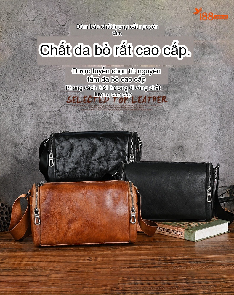 Túi Đeo Vai Nam Da Bò Vintage Kiểu Dáng Messenger Đeo Chéo Thường Ngày Màu Đen, Nâu chi tiết 13
