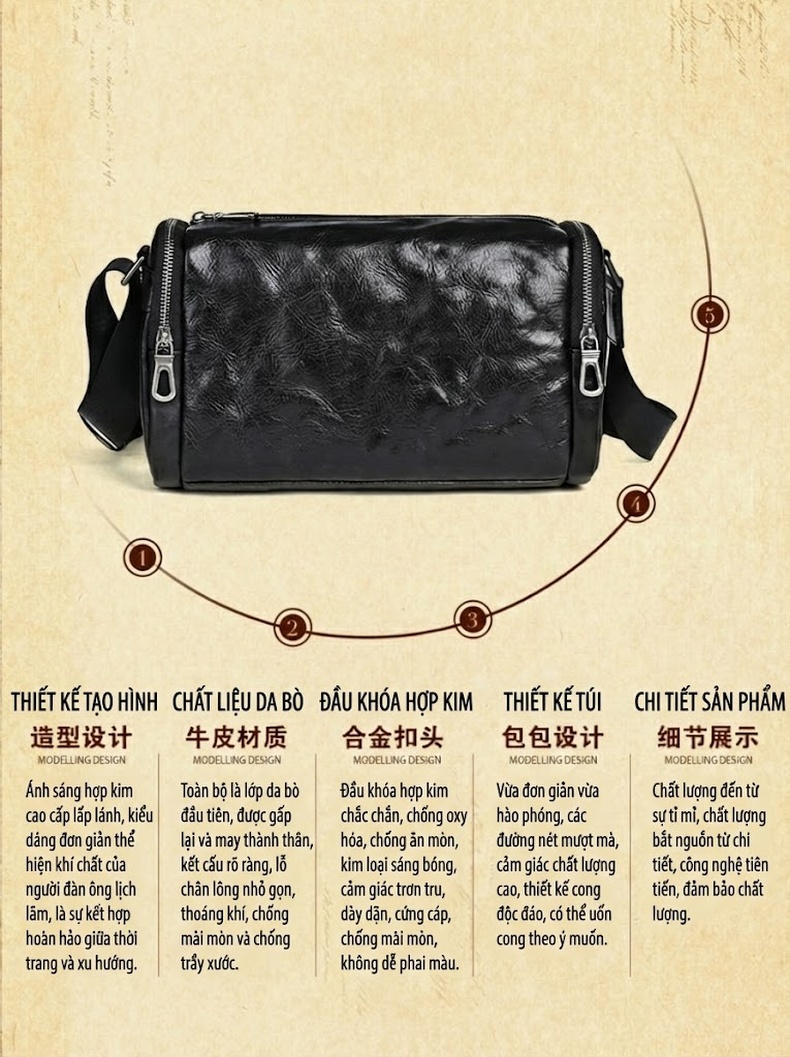 Túi Đeo Vai Nam Da Bò Vintage Kiểu Dáng Messenger Đeo Chéo Thường Ngày Màu Đen, Nâu chi tiết 15
