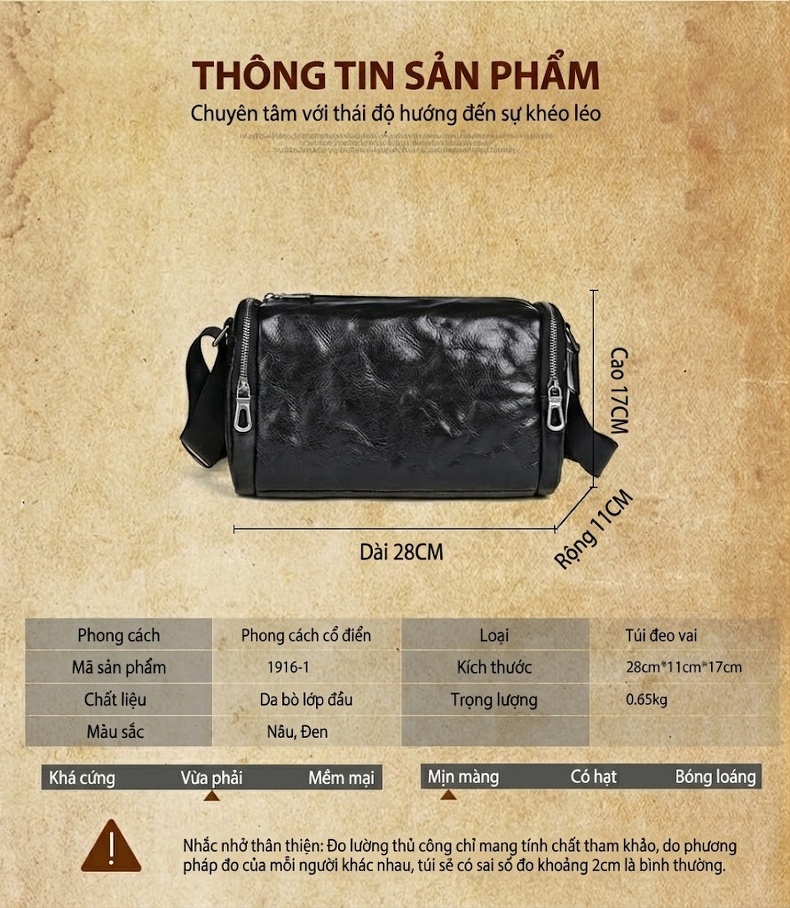 Túi Đeo Vai Nam Da Bò Vintage Kiểu Dáng Messenger Đeo Chéo Thường Ngày Màu Đen, Nâu chi tiết 16
