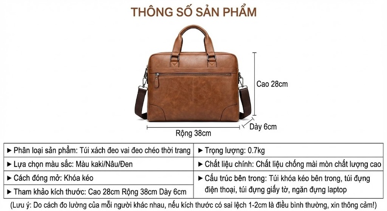 Túi Đeo Vai Nam Da Bóng Đựng Laptop, Túi Xách Công Sở, Túi Xách Tay Màu Đen, Nâu chi tiết 12