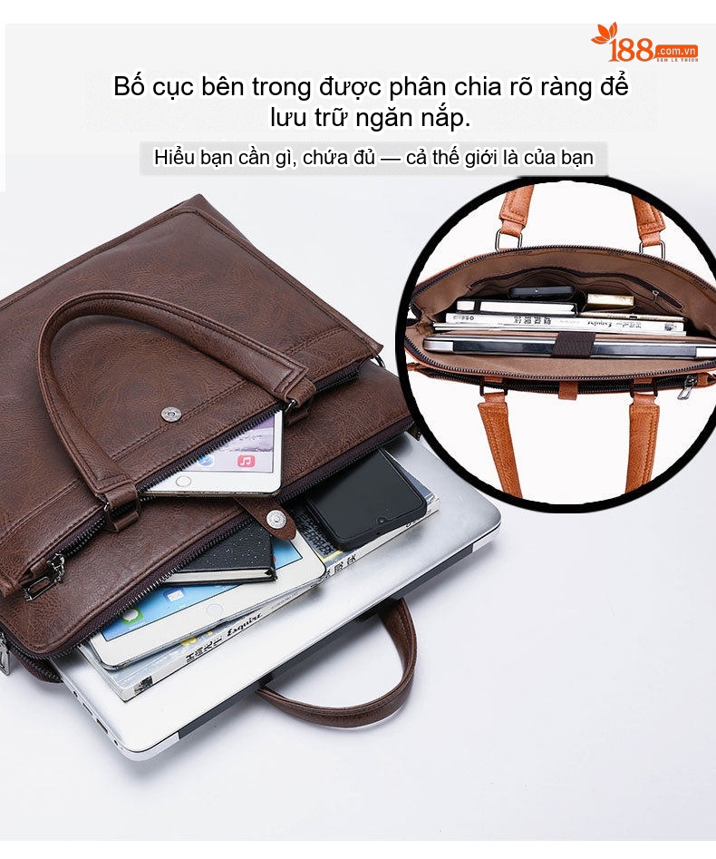 Túi Đeo Vai Nam Da Bóng Đựng Laptop, Túi Xách Công Sở, Túi Xách Tay Màu Đen, Nâu chi tiết 6